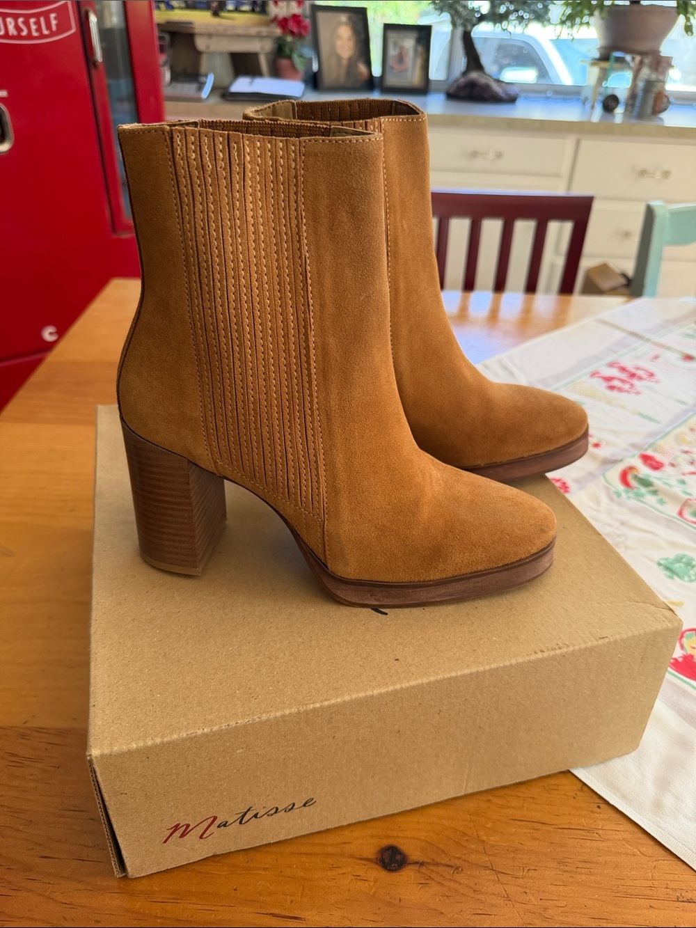 Matisse Cognac Suede Block Heel Ankle Boots